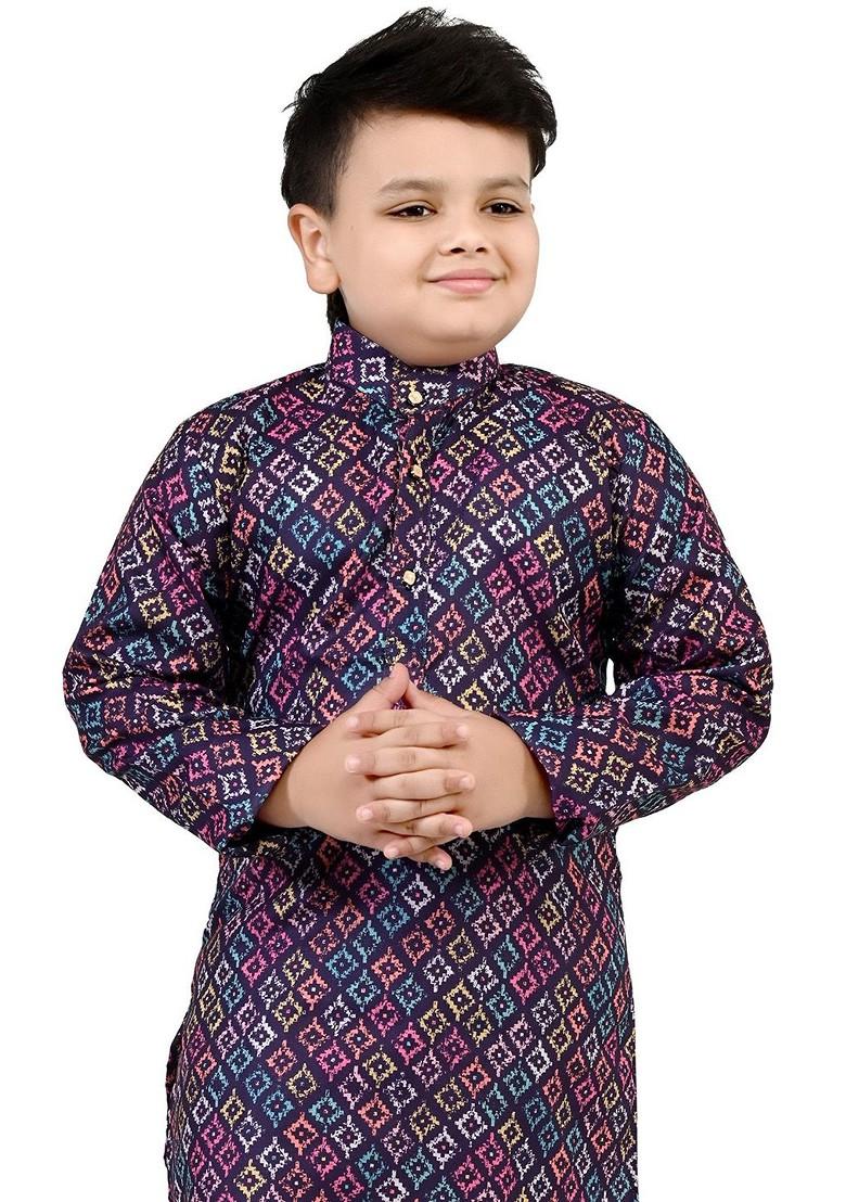 Boys Ethnic Motifs Printed Mandarin Collar Straight Kurta With Pyjamas - Indya