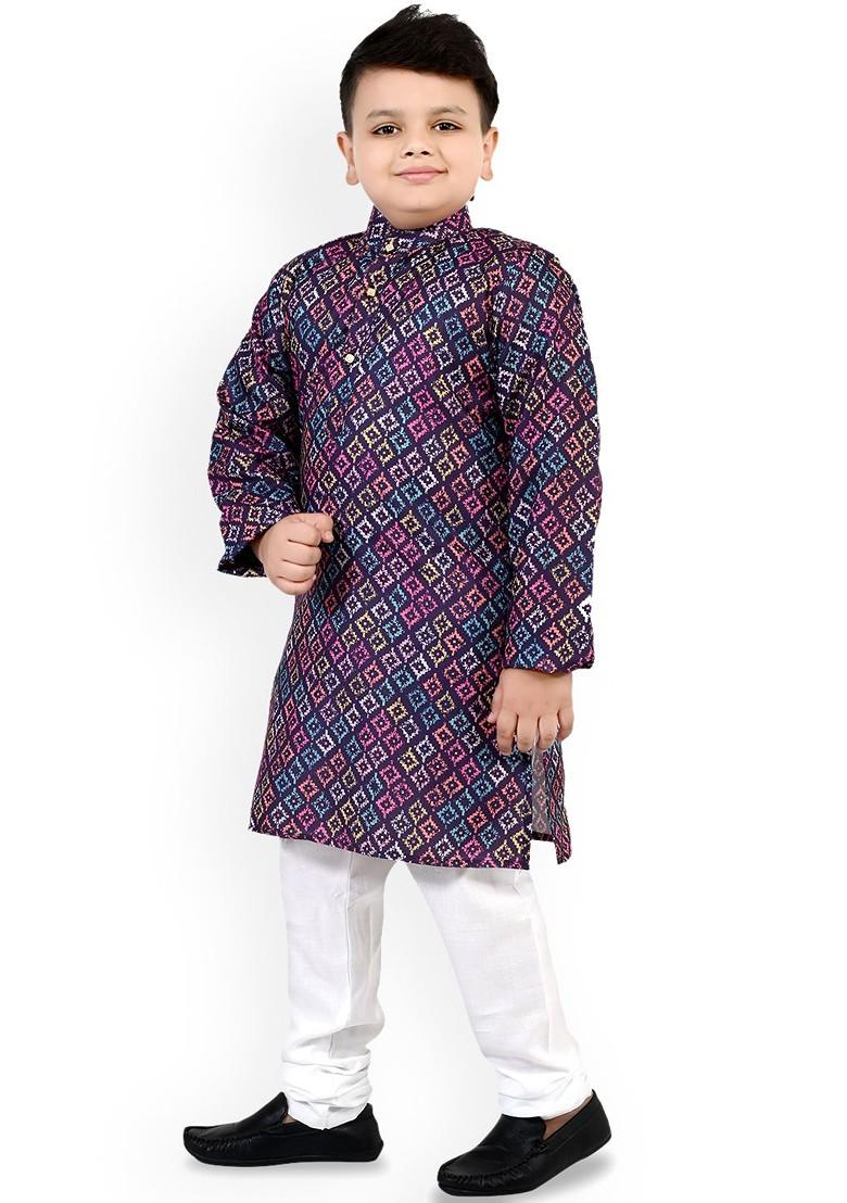 Boys Ethnic Motifs Printed Mandarin Collar Straight Kurta With Pyjamas - Indya