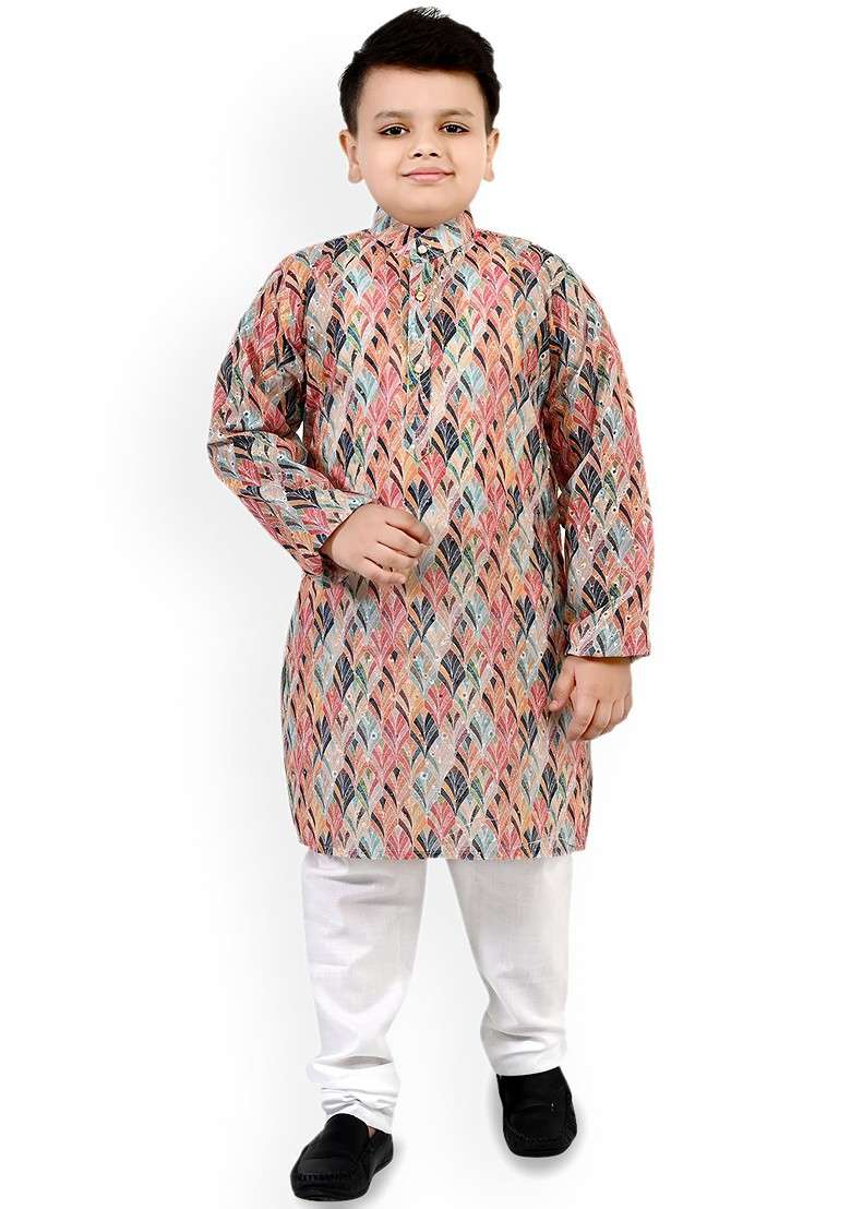 Boys Ethnic Motifs Printed Mandarin Collar Straight Kurta With Pyjamas - Indya