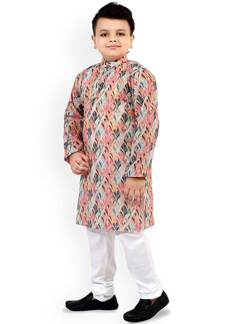Boys Ethnic Motifs Printed Mandarin Collar Straight Kurta With Pyjamas - Indya