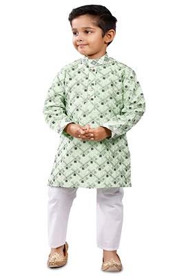 Boys Printed Mandarin Collar Straight Kurta With Pyjamas