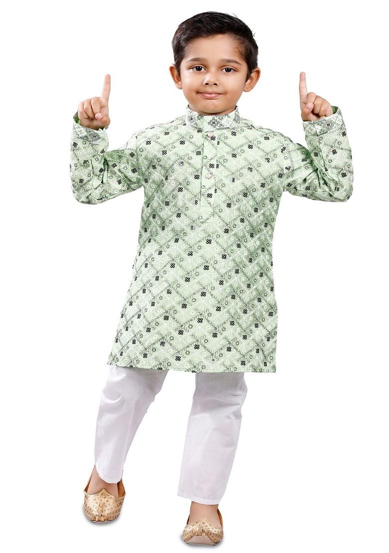 Boys Printed Mandarin Collar Straight Kurta With Pyjamas - Indya