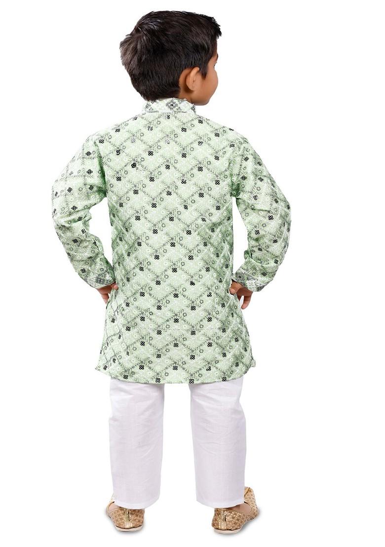 Boys Printed Mandarin Collar Straight Kurta With Pyjamas - Indya