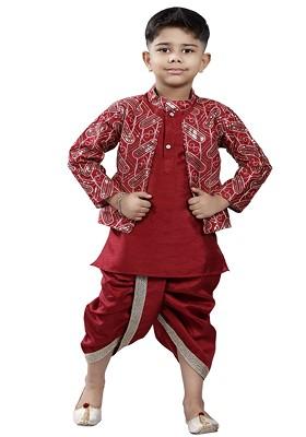 Boys Mandarin Collar Kurta With Dhoti Pants And Nehru Jacket