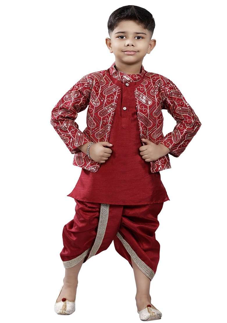 Boys Mandarin Collar Kurta With Dhoti Pants And Nehru Jacket - Indya