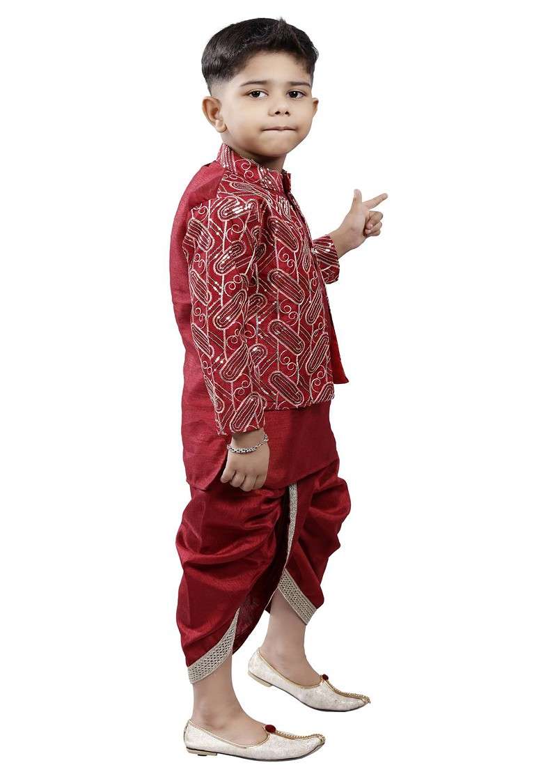 Boys Mandarin Collar Kurta With Dhoti Pants And Nehru Jacket - Indya