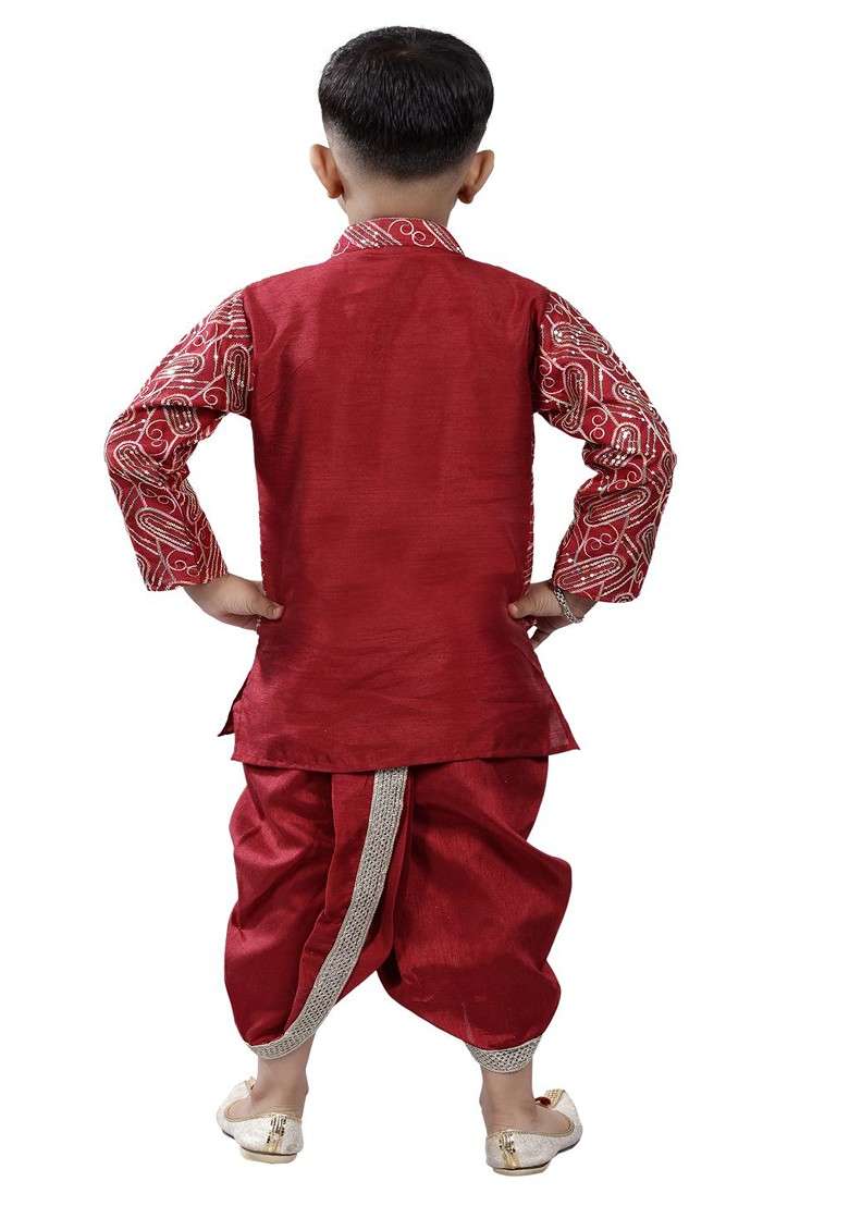 Boys Mandarin Collar Kurta With Dhoti Pants And Nehru Jacket - Indya
