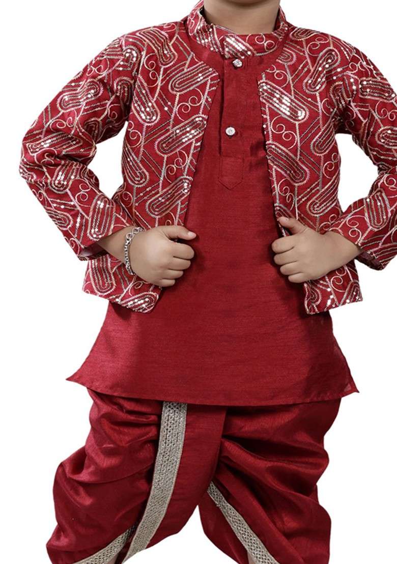 Boys Mandarin Collar Kurta With Dhoti Pants And Nehru Jacket - Indya