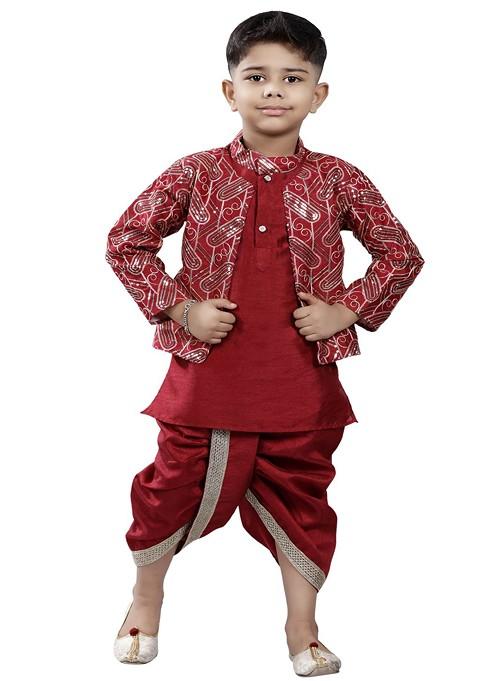 Boys Mandarin Collar Kurta With Dhoti Pants And Nehru Jacket — view on Indya