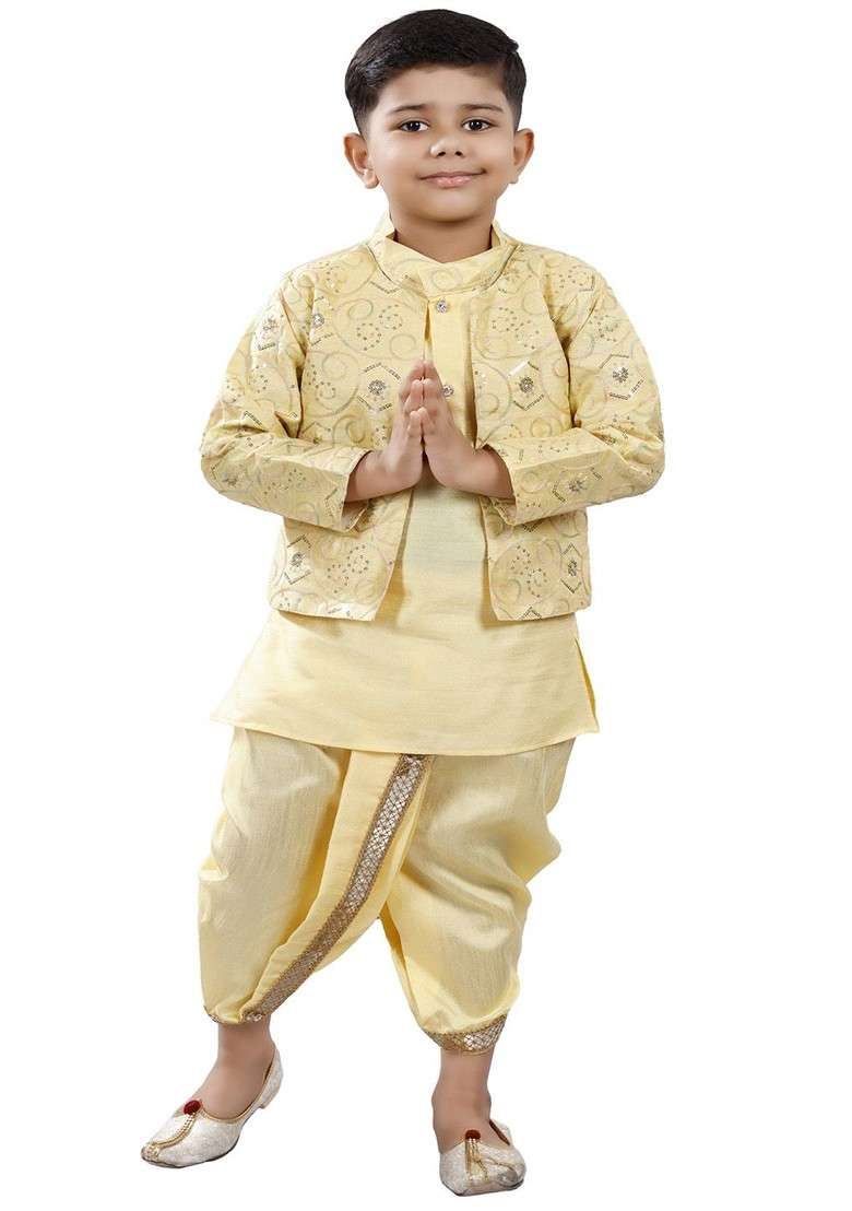 Boys Mandarin Collar Sequinned Kurta With Dhoti Pants And Jacket - Indya