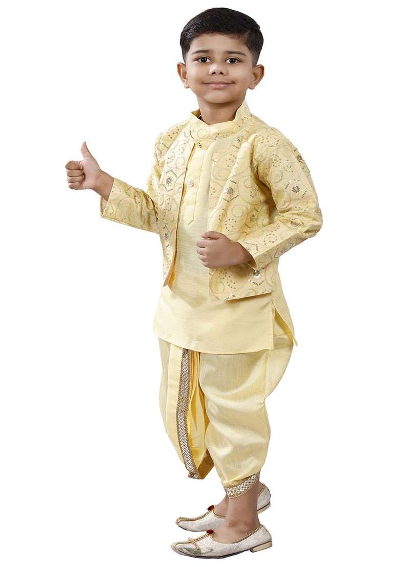 Boys Mandarin Collar Sequinned Kurta With Dhoti Pants And Jacket - Indya