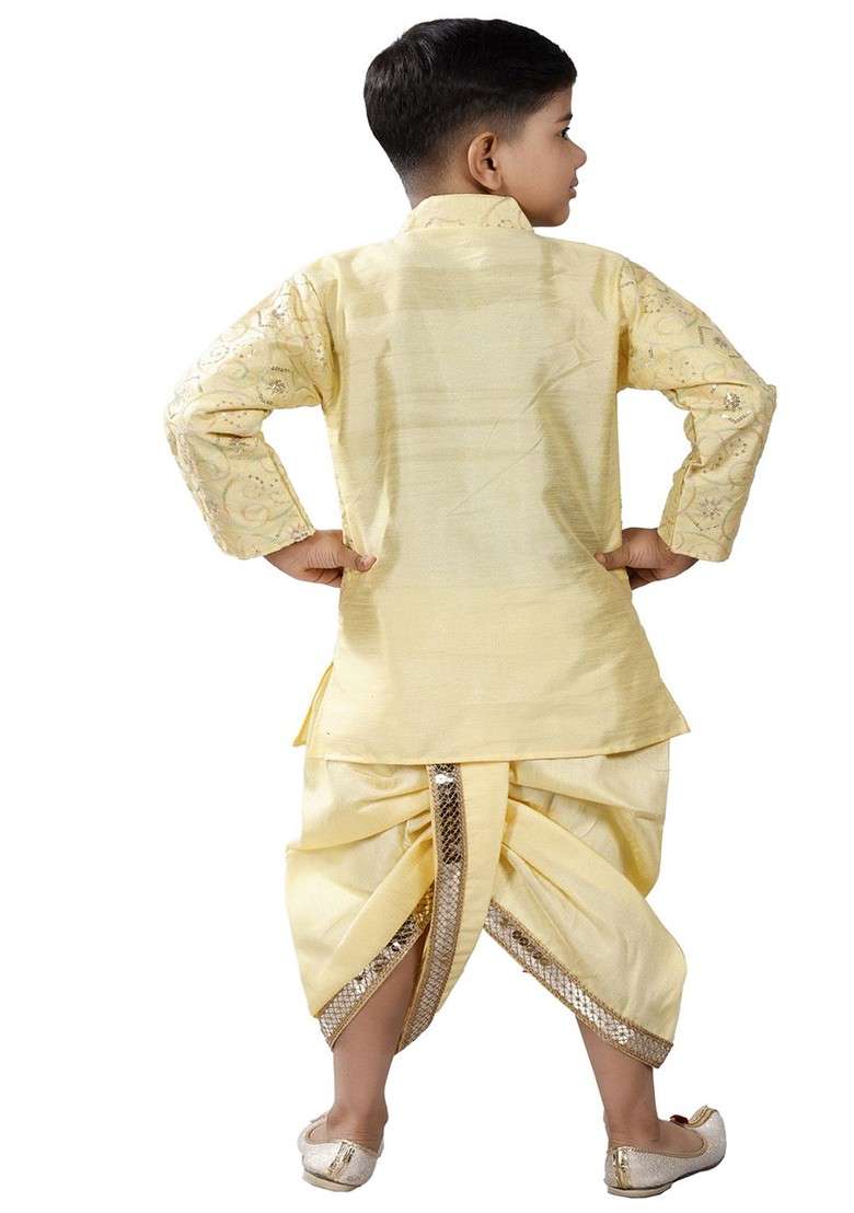Boys Mandarin Collar Sequinned Kurta With Dhoti Pants And Jacket - Indya