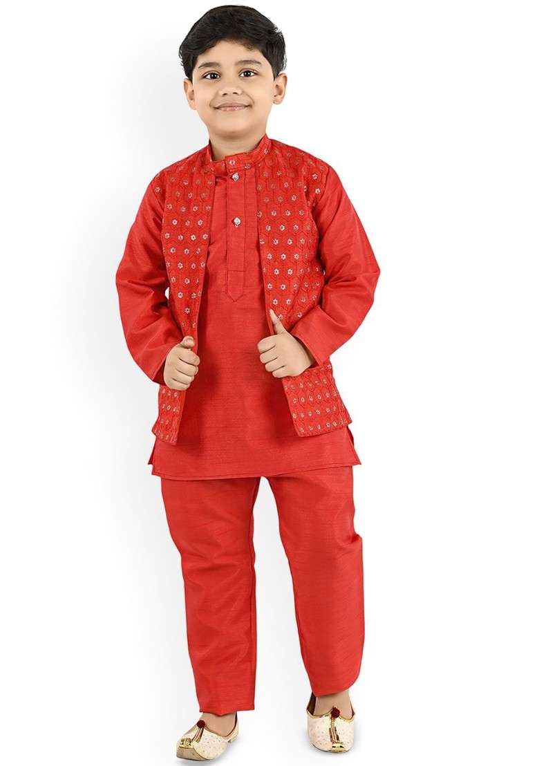 Boys Mandarin Collar Art Silk Kurta With Trouser - Indya