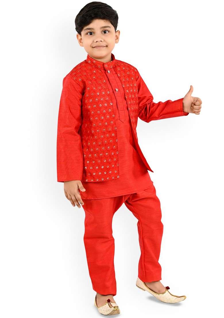 Boys Mandarin Collar Art Silk Kurta With Trouser - Indya