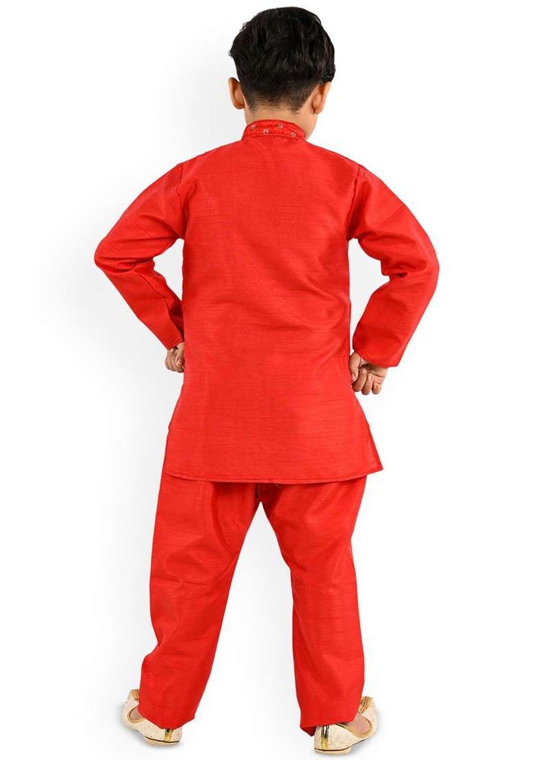 Boys Mandarin Collar Art Silk Kurta With Trouser - Indya