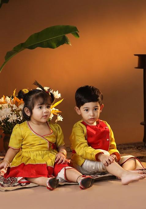 Boys Floral Embroidered Regular Sequinned Angrakha Kurta With Dhoti Pants — view on Indya