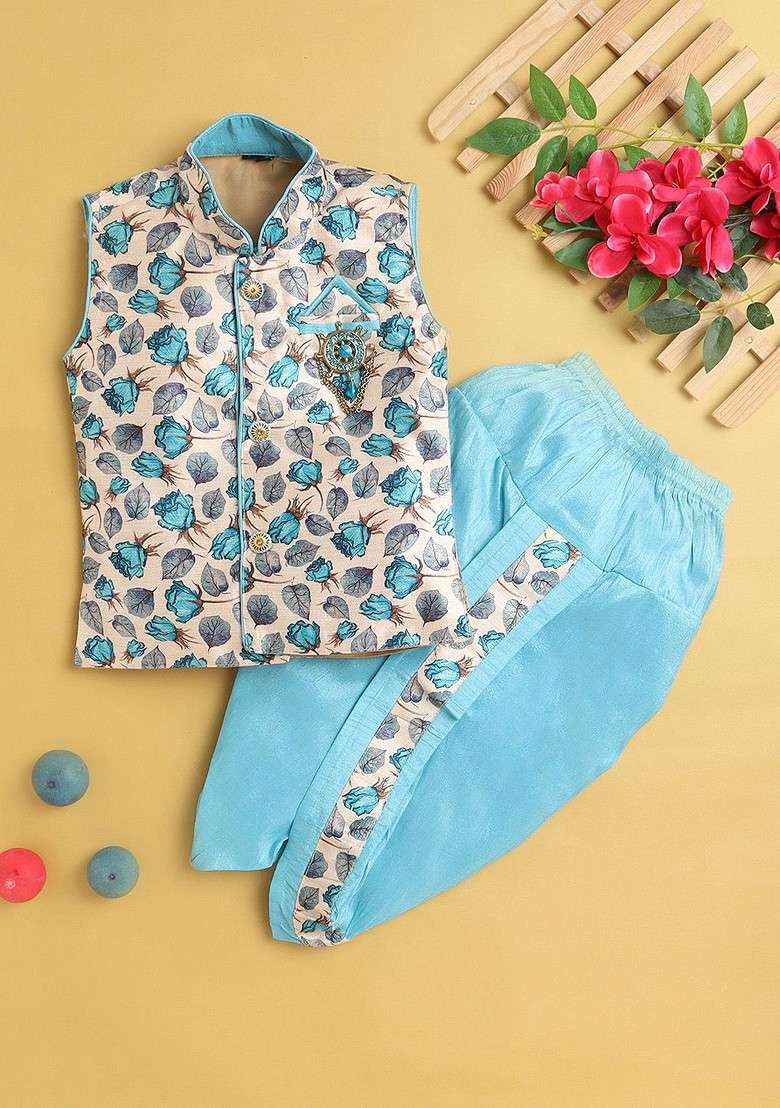 Boys Floral Printed Mandarin Collar Kurta With Dhoti Pants - Indya