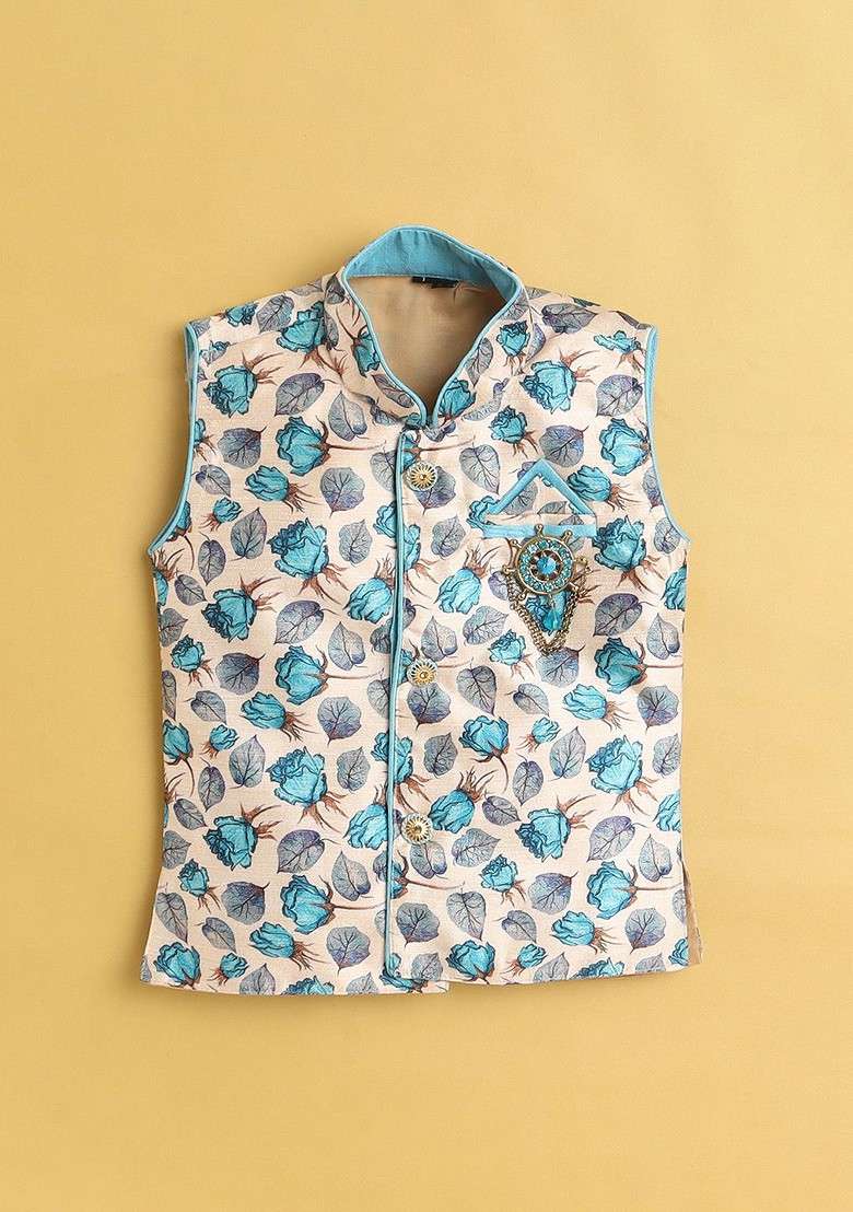 Boys Floral Printed Mandarin Collar Kurta With Dhoti Pants - Indya