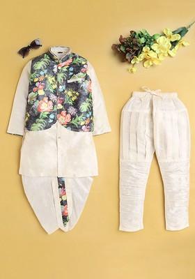 Boys Ethnic Motifs Printed Mandarin Collar Straight Kurta With Dhoti Pants