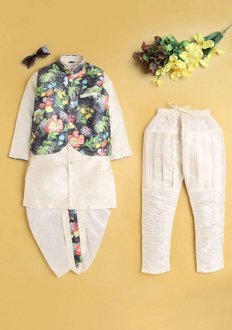 Boys Ethnic Motifs Printed Mandarin Collar Straight Kurta With Dhoti Pants - Indya