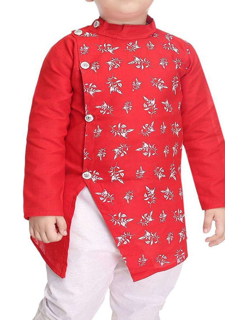 Boys Ethnic Motifs Printed Band Collar Kurta With Trousers - Indya