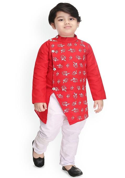 Boys Ethnic Motifs Printed Band Collar Kurta With Trousers