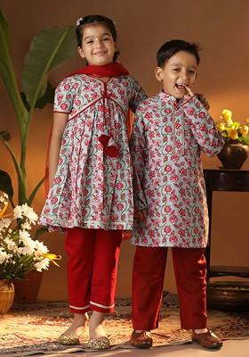 Boys Floral Printed Mandarin Collar Pure Cotton Straight Kurta With Pyjamas