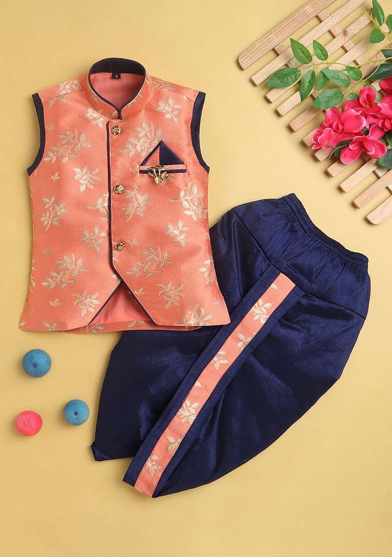 Boys Floral Woven Design Mandarin Collar Regular Straight Kurta With Dhoti Pants - Indya