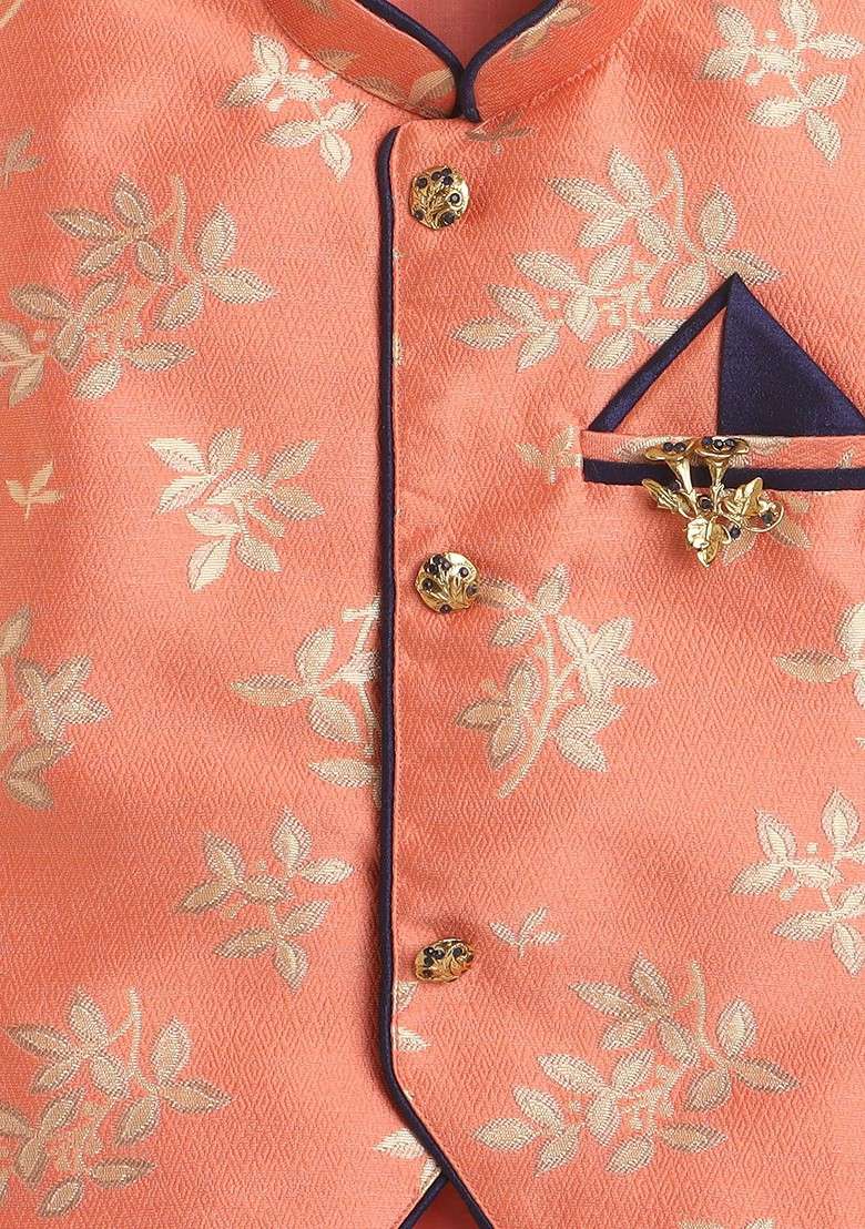Boys Floral Woven Design Mandarin Collar Regular Straight Kurta With Dhoti Pants - Indya