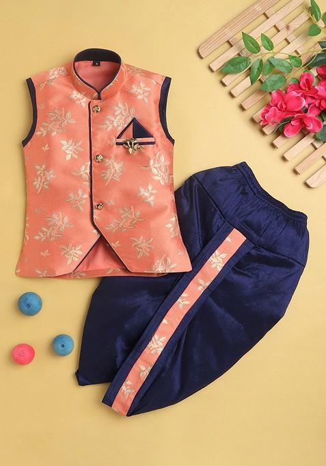 Boys Floral Woven Design Mandarin Collar Regular Straight Kurta With Dhoti Pants