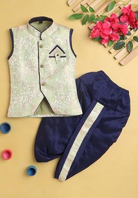 Boys Floral Printed Mandarin Collar Regular Straight Kurta With Dhoti Pants