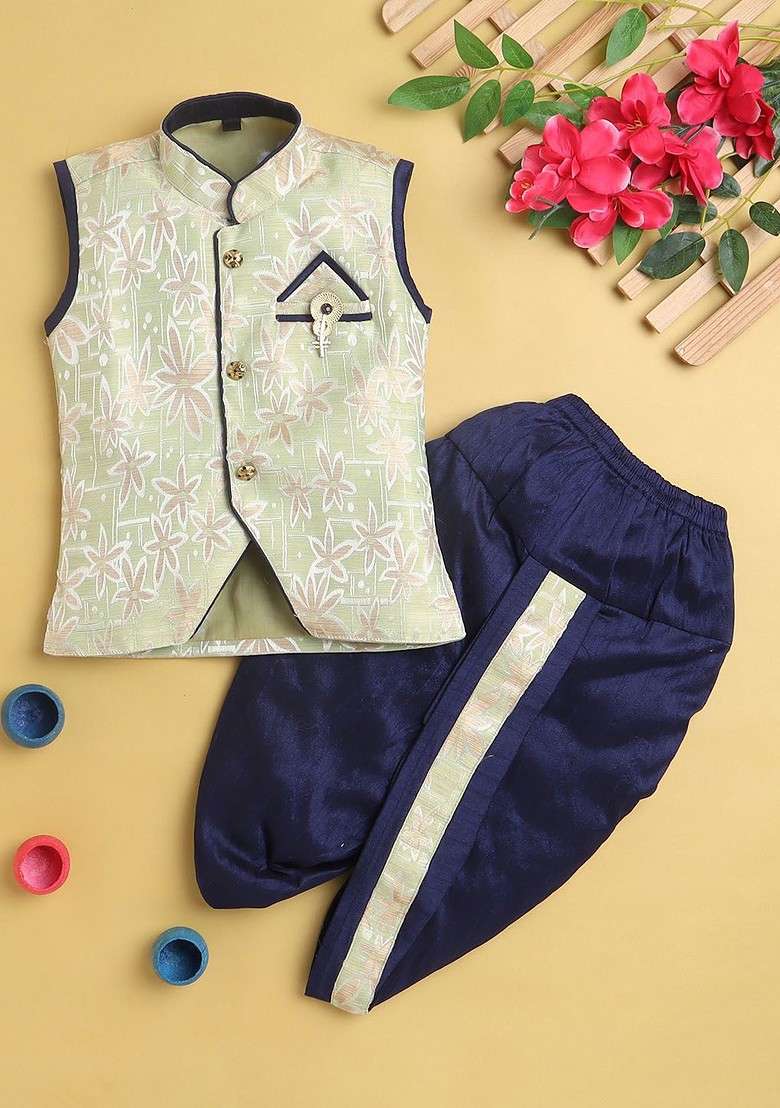 Boys Floral Printed Mandarin Collar Regular Straight Kurta With Dhoti Pants - Indya