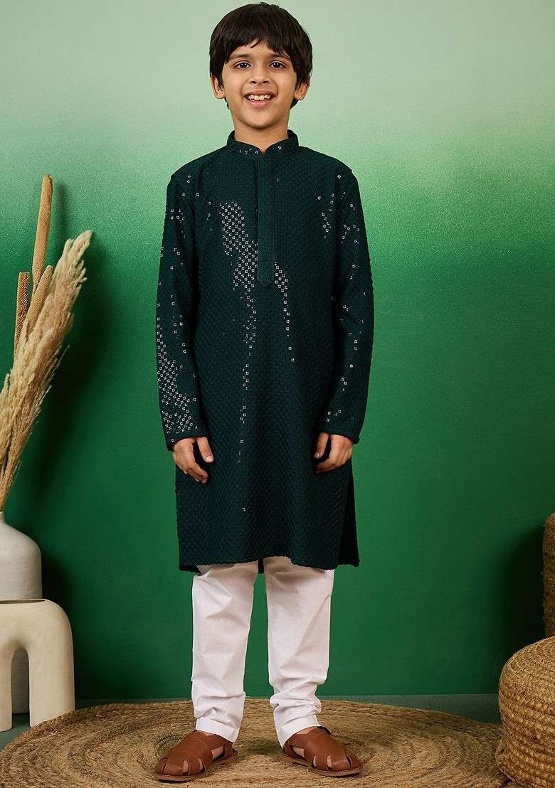 Boys Sequence Embroidered Mandarin Collar Chikankari Kurta With Churidar - Indya