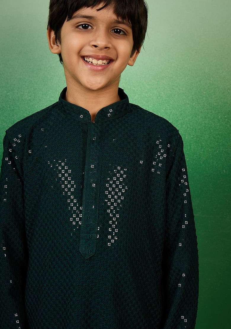 Boys Sequence Embroidered Mandarin Collar Chikankari Kurta With Churidar - Indya