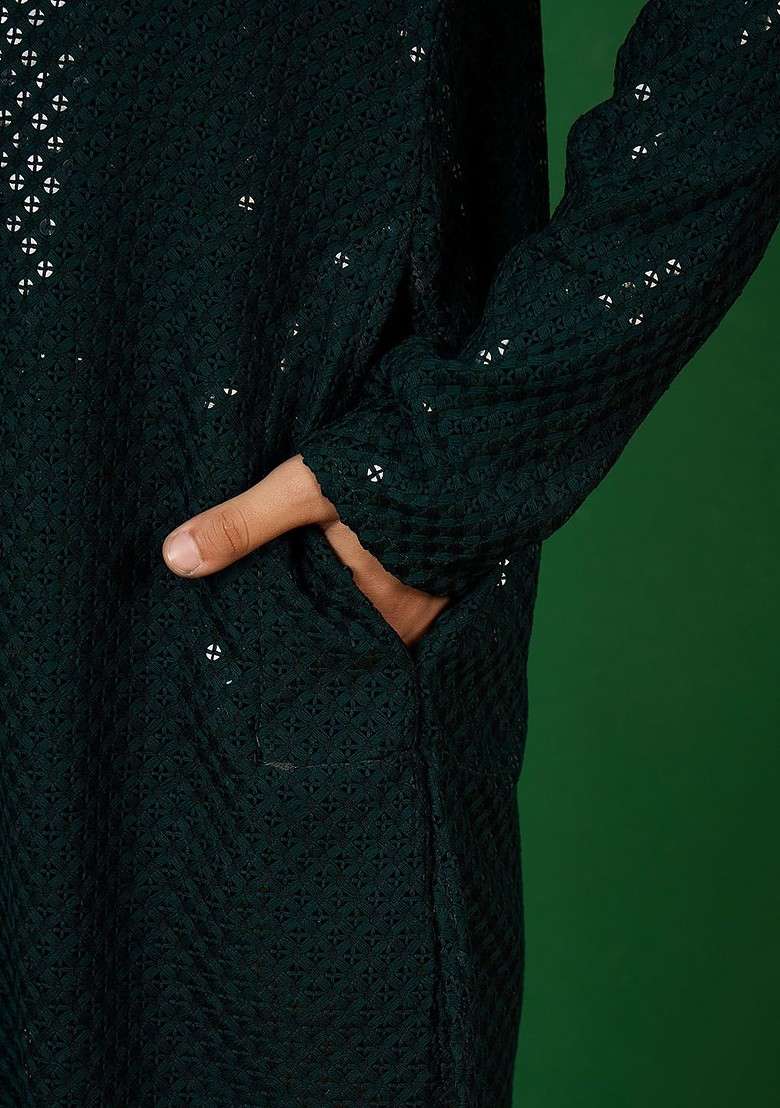 Boys Sequence Embroidered Mandarin Collar Chikankari Kurta With Churidar - Indya