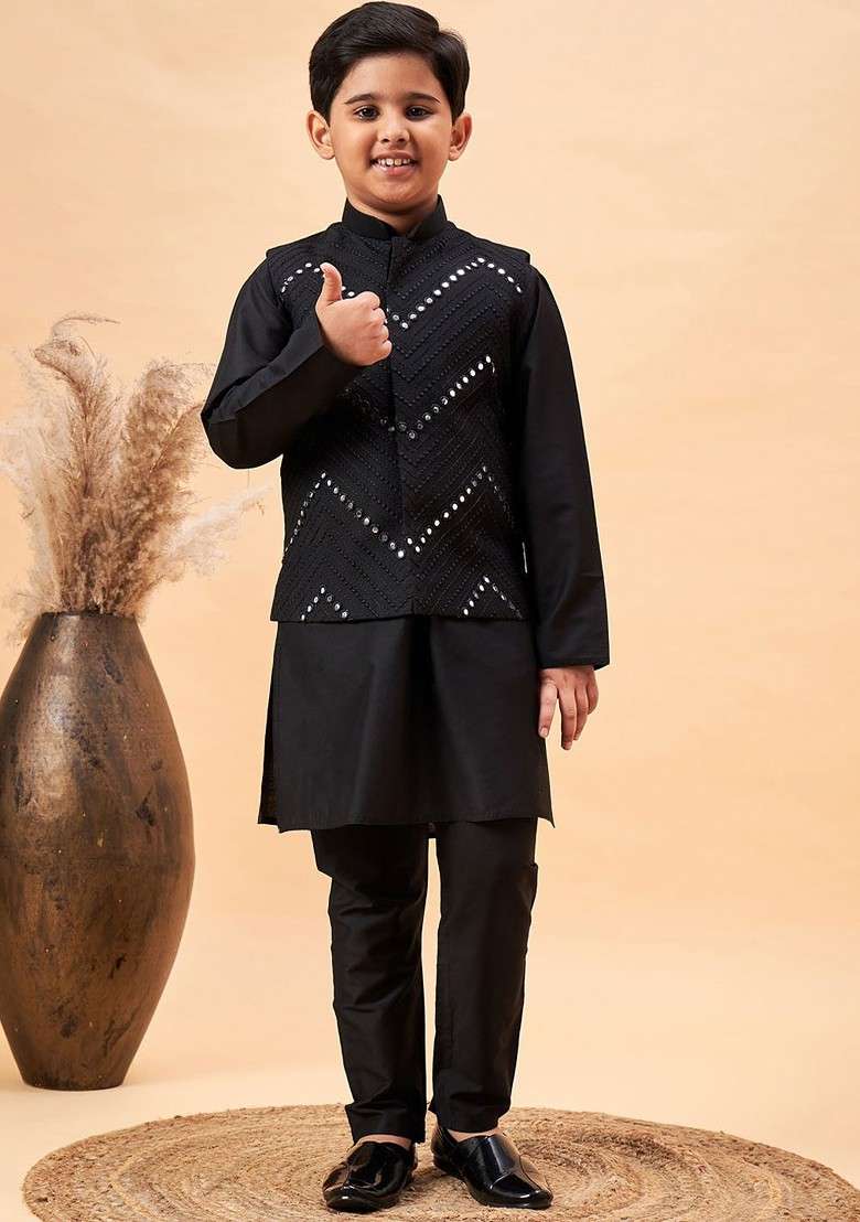 Boys Woven Design Mandarin Collar Long Sleeves Mirror Work Kurta With Pyjamas - Indya