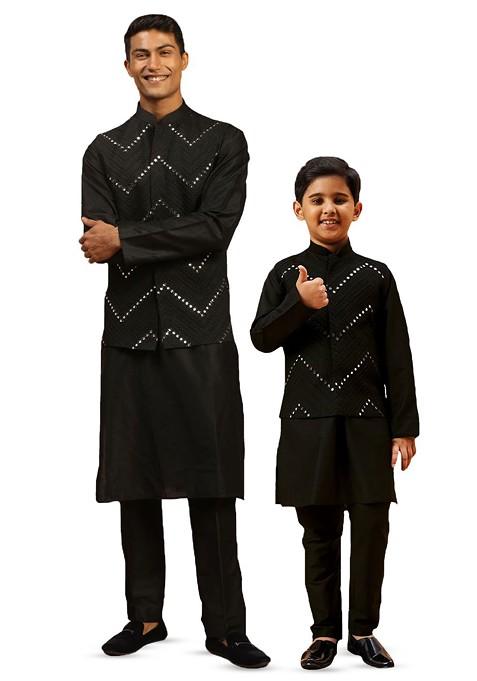 Boys Woven Design Mandarin Collar Long Sleeves Mirror Work Kurta With Pyjamas