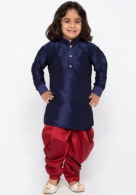 Boys Mandarin Collar Regular Dupion Silk Kurta With Dhoti Pants
