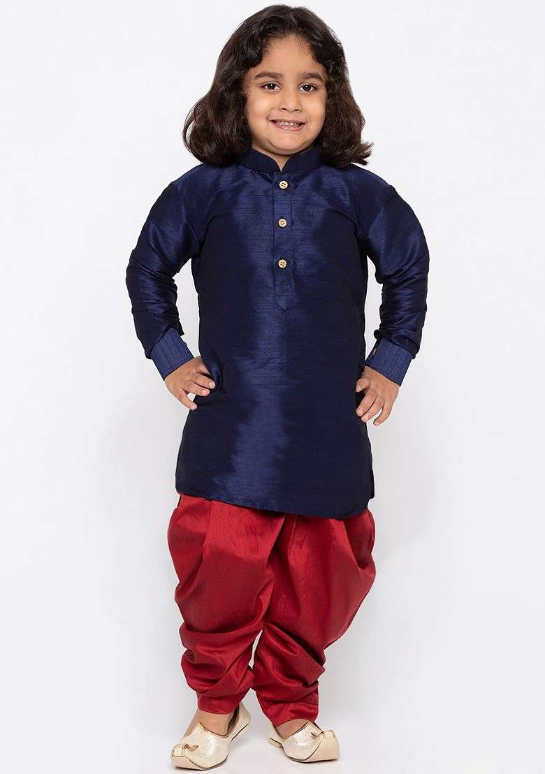 Boys Mandarin Collar Regular Dupion Silk Kurta With Dhoti Pants - Indya