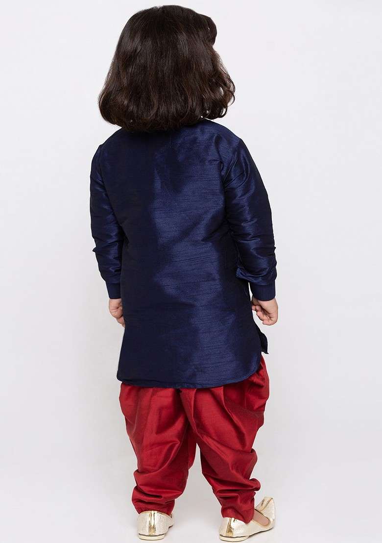 Boys Mandarin Collar Regular Dupion Silk Kurta With Dhoti Pants - Indya