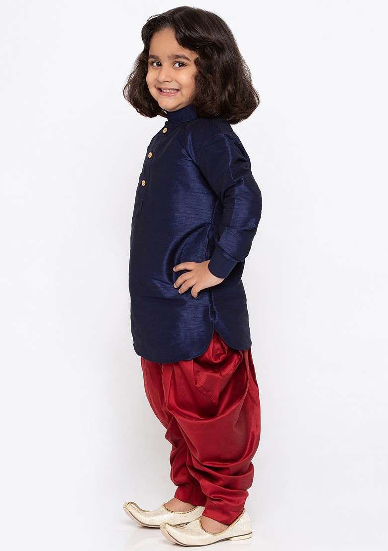 Boys Mandarin Collar Regular Dupion Silk Kurta With Dhoti Pants - Indya