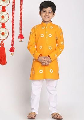 Boys Tie And Dyed Printed Mandarin Collar Pure Cotton Straight Kurta With Pyjamas