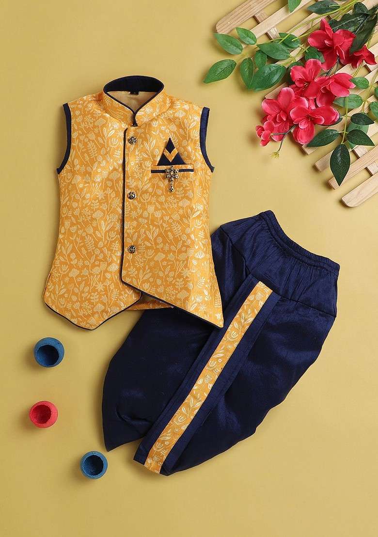 Boys Floral Woven Design Regular Mandarin Collar Kurta With Dhoti Pant - Indya