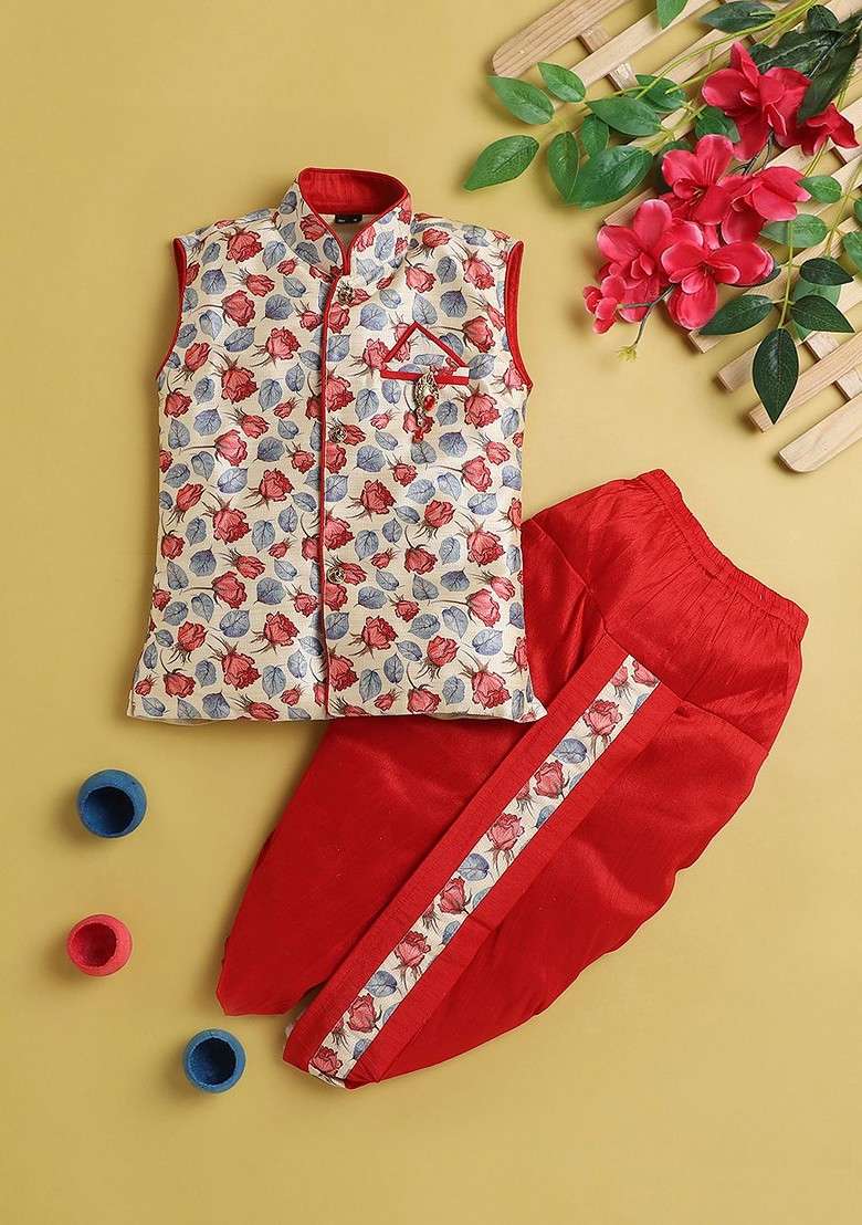 Boys Floral Printed Regular Mandarin Collar Kurta With Dhoti Pant - Indya