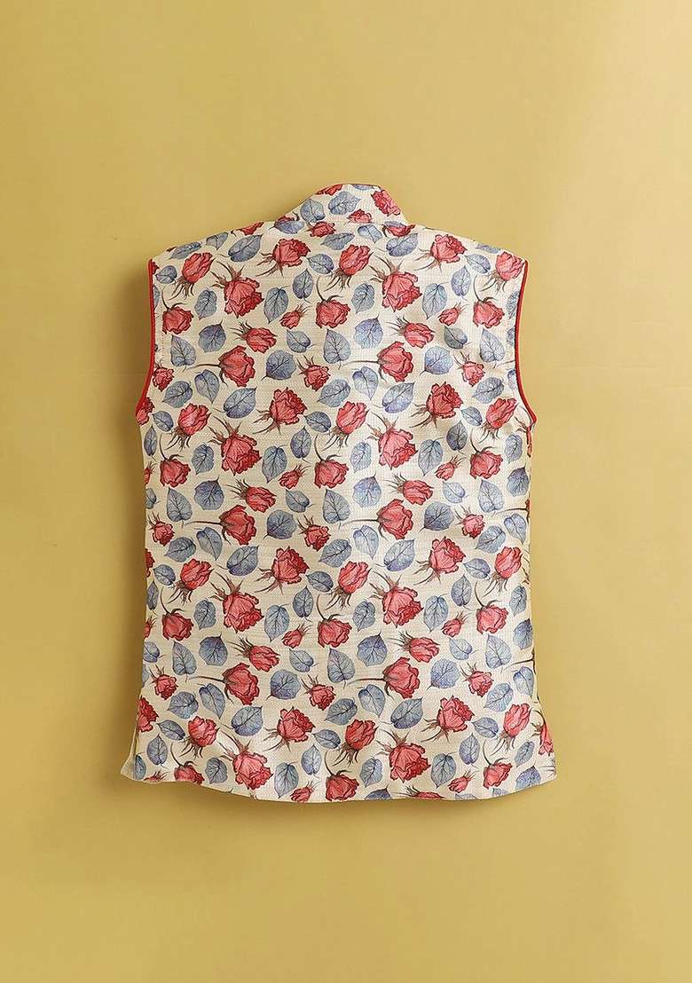 Boys Floral Printed Regular Mandarin Collar Kurta With Dhoti Pant - Indya