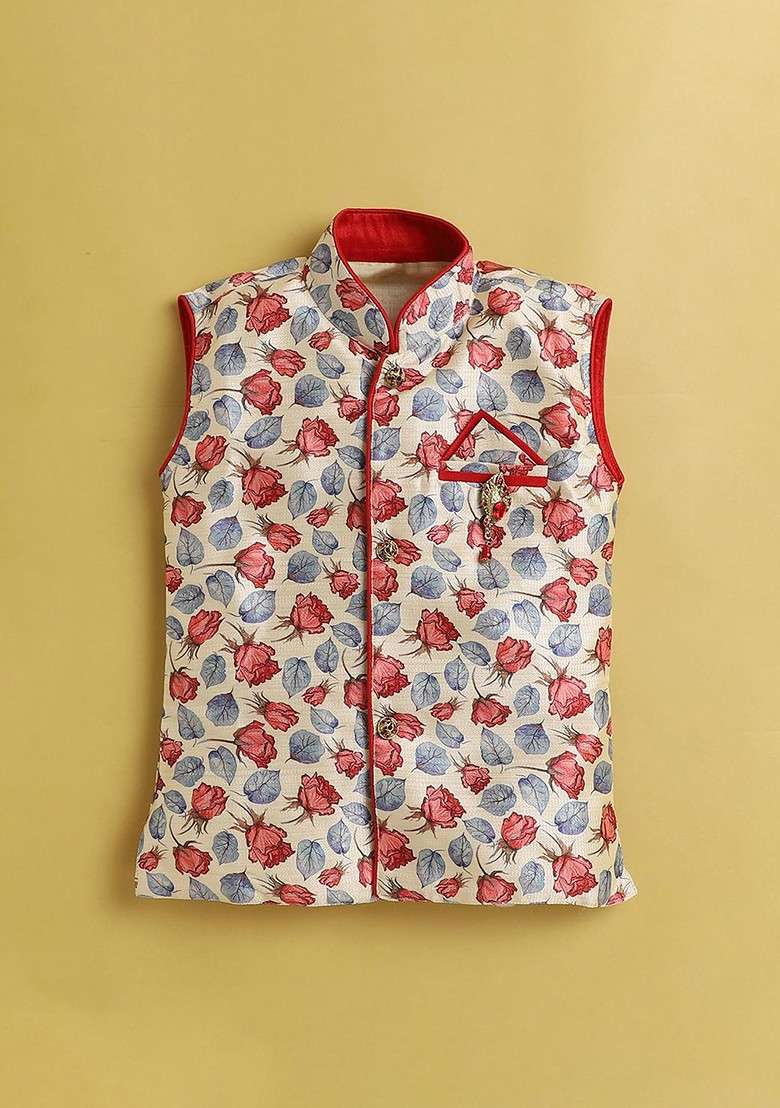 Boys Floral Printed Regular Mandarin Collar Kurta With Dhoti Pant - Indya