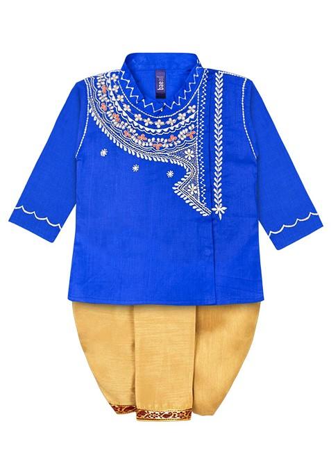 Boys Ethnic Motifs Embroidered Zari Regular Pure Cotton Kurta With Dhoti Pant — view on Indya