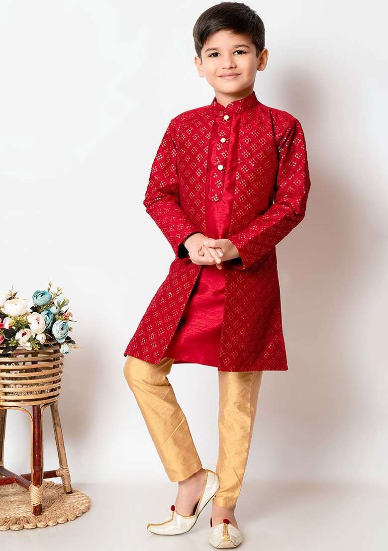 Infant Boys Ethnic Motifs Embroidered Sequinned Dupion Silk Kurta With Pyjamas - Indya
