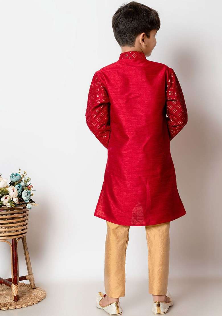 Infant Boys Ethnic Motifs Embroidered Sequinned Dupion Silk Kurta With Pyjamas - Indya
