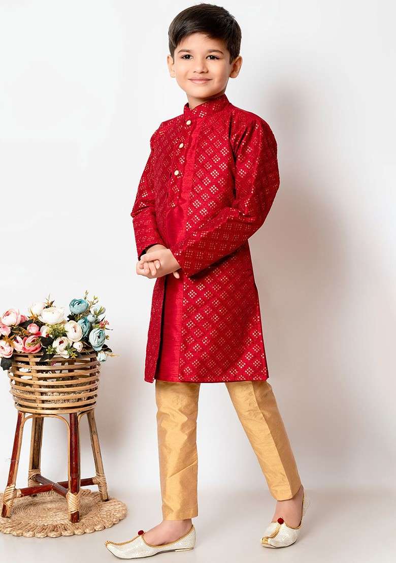 Infant Boys Ethnic Motifs Embroidered Sequinned Dupion Silk Kurta With Pyjamas - Indya